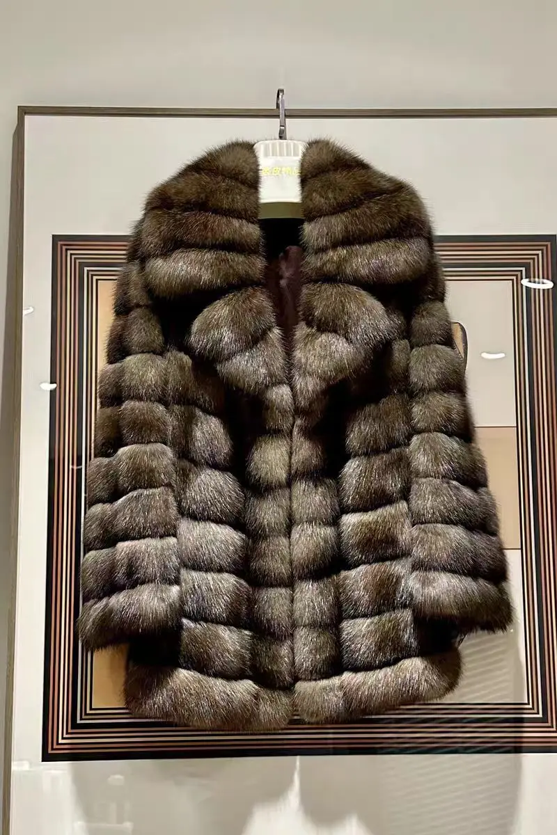 Real Sable Fur Coat For Women Natural Slim Overcoat Woven With Plain Dyed Technique Processed From Raw Material