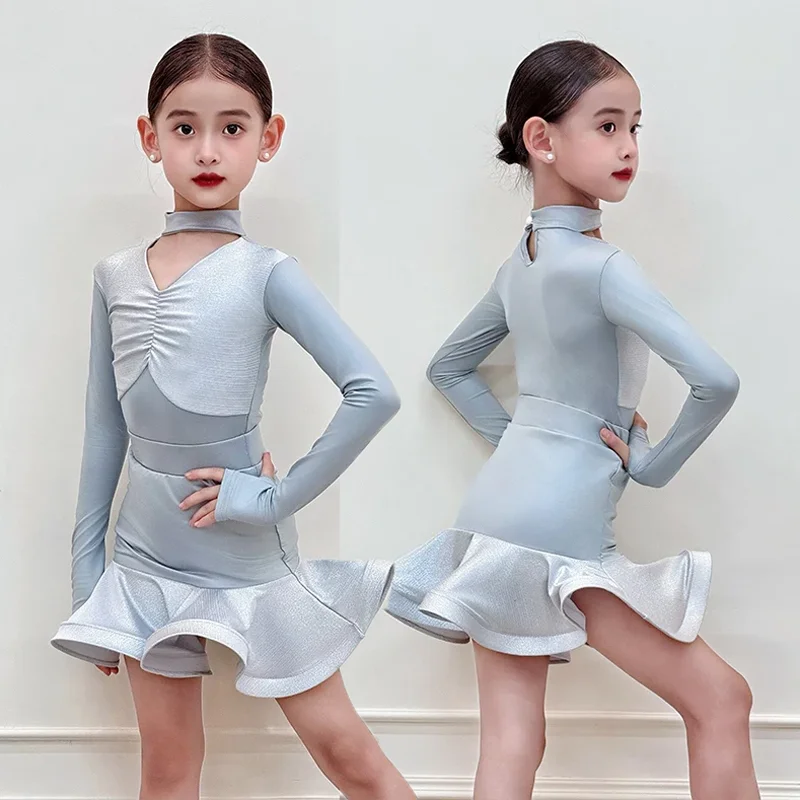 

Girls Latin Dance Clothes Autumn Winter Long Sleeves Practice Clothing Kids Cha Cha Dance Performance Dress Split Suit