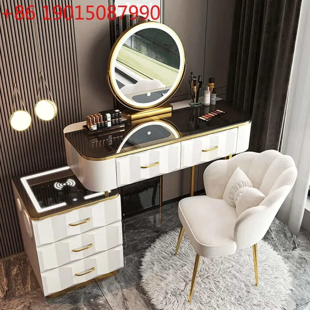 Makeup Vanity Desk with LED Mirror and Lights, Modern Dressing Table with 5 Drawers and Leather Stool, Luxury Makeup Table