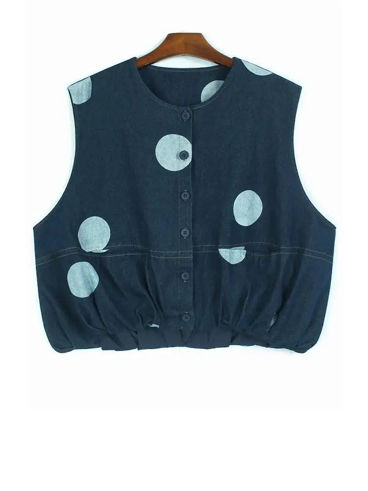 

Women Blue Dot Printed Denim Big Size Casual Vest New Round Neck Sleeveless Fashion Tide Spring Autumn