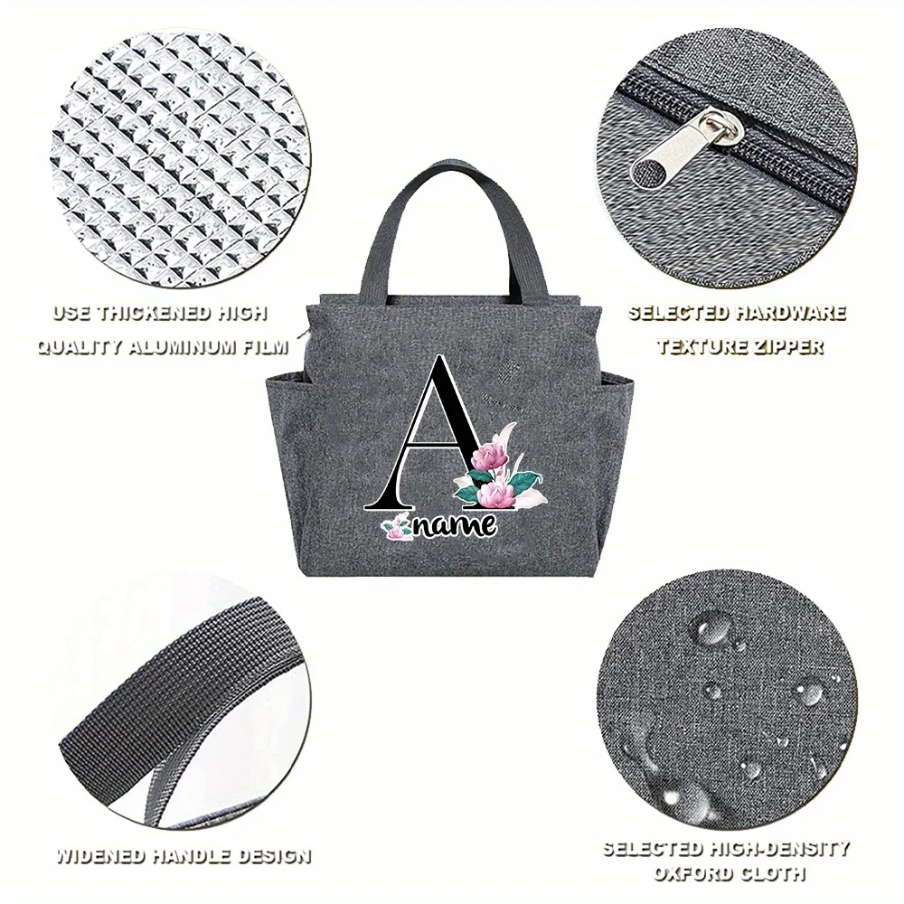 Customized Name Insulated Grey Lunch Bag Personalized Aluminum Foil Bento Black Letter Lunch Bag Insulated Picnic Food Bag
