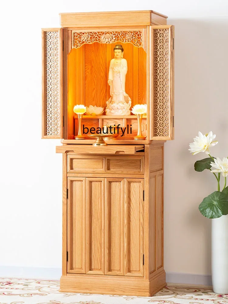 Red Oak Solid Wood Buddha Shrine Altar Modern Household Shrine Clothes Closet with Door Fortune Buddha Cabinet