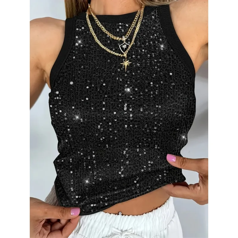 Plus Size 1XL-5XL Women's Fashion  Sequin Sleeveless Tank Top Tanks Ladies Casual Crew Neck Summer Vest Tank Top image 6
