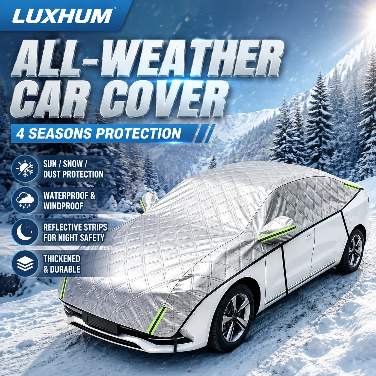 Outdoor Half Car Cover Aluminum Foil Snow Cover All Season Sun Protection Reflective Windproof Windshield Cover for Sedan/Suv