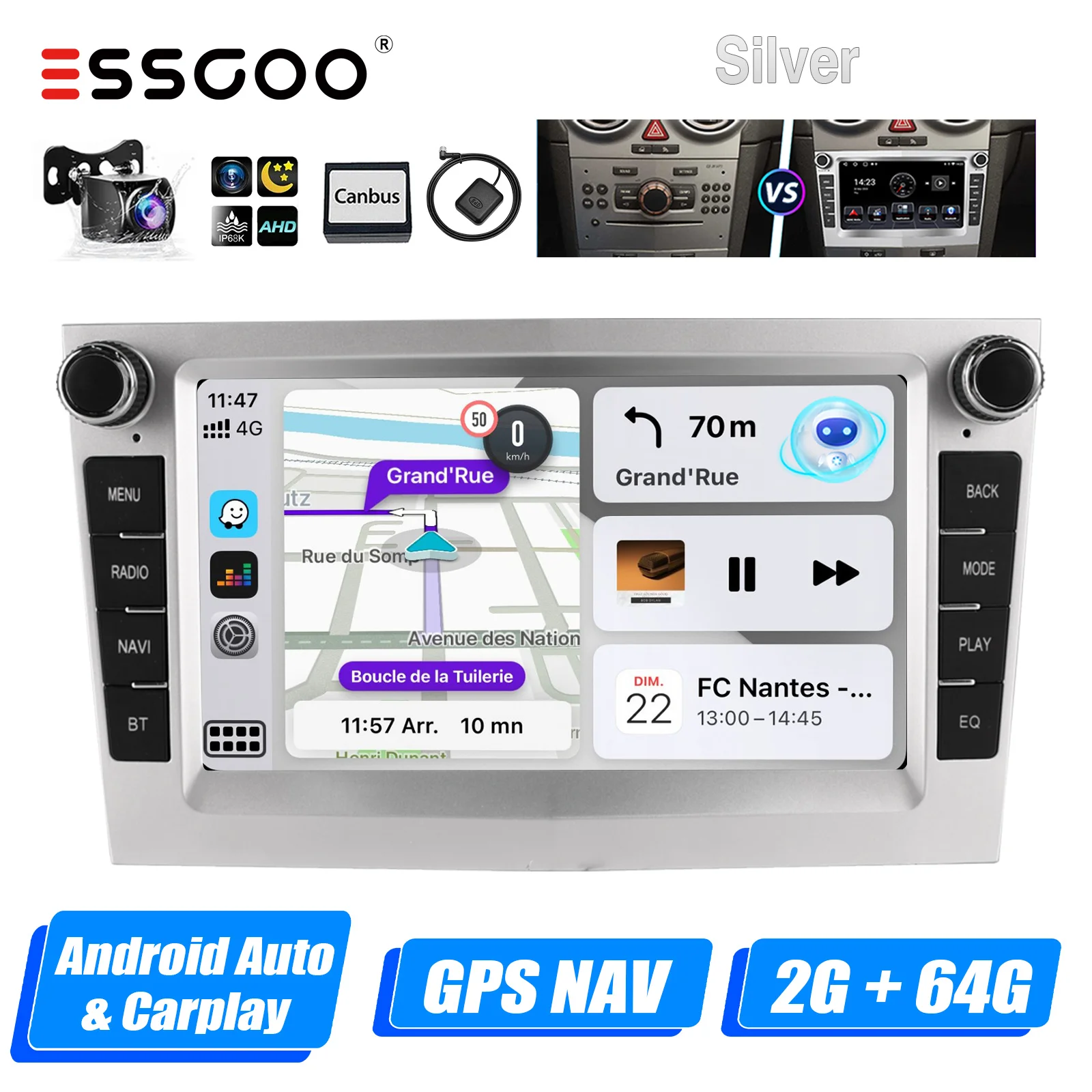 ESSGOO Android 14 4 + 64G CarPlay autoradio voor Opel/Vauxhall Astra G H Corsa C D Vectra Android Auto GPS NAV DAB + Zilver