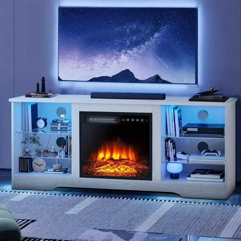 Soporte para TV con chimenea de 58 pulgadas para televisores, consola de hasta 65 pulgadas con chimenea eléctrica de 18 pulgadas y control remoto, entretenimiento moderno de madera