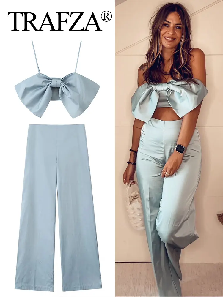 

TRAFZA Women Fashion Trousers Set Blue Backless Bow Sexy Short Camis Top + Casual Wild Pockets Street Woman Wide Leg Long Pant