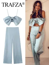 TRAFZA Women Fashion Trousers Set Blue Backless Bow Sexy Short Camis Top + Casual Wild Pockets Street Woman Wide Leg Long Pant