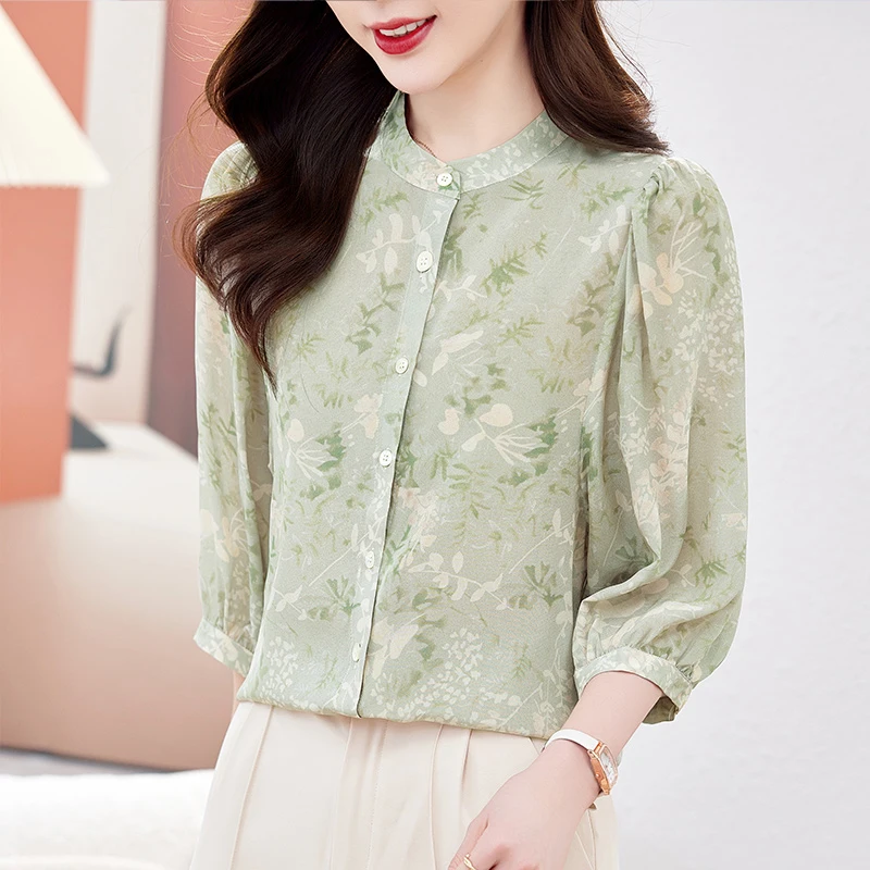 

Vintage Shirts for Women 2026 Summer 100% Real Silk Elegant Blouses Women's Print Shirt Loose Tops Woman Fashion Chic Blouse