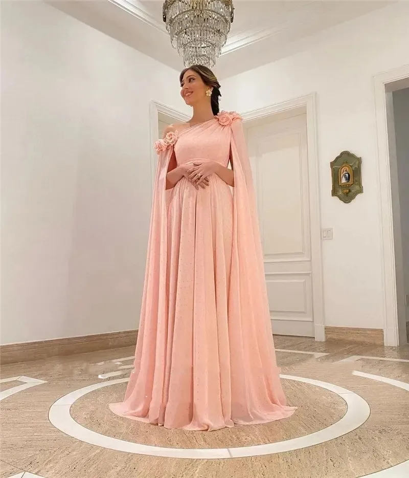 Flora Dress Pink Chiffon A-Line Evening Dresses Long Shawl Sleeves Floor Length Formal Prom Party Gowns فساتين السهرة 2023