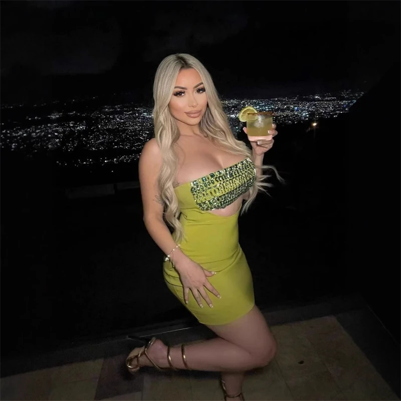 Vestido ceñido al cuerpo para mujer, vestido Sexy de lujo sin tirantes con diamantes brillantes recortados, traje elegante para fiesta de noche y cumpleaños