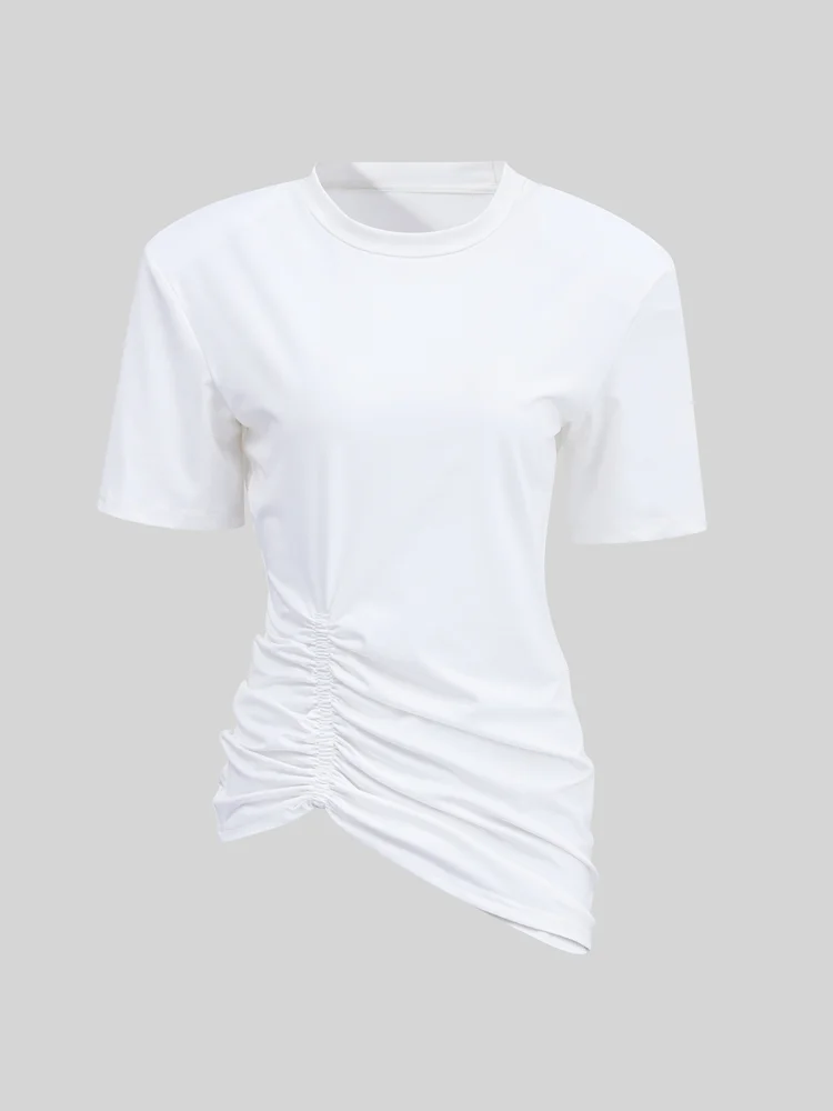 Lässiges, schickes, weißes, plissiertes Design-Top für Damen, trendiges, kurzärmliges, unregelmäßiges T-Shirt mit Rundhalsausschnitt, für den täglichen Pendelverkehr, Street-Outfit, neu – Detail 4