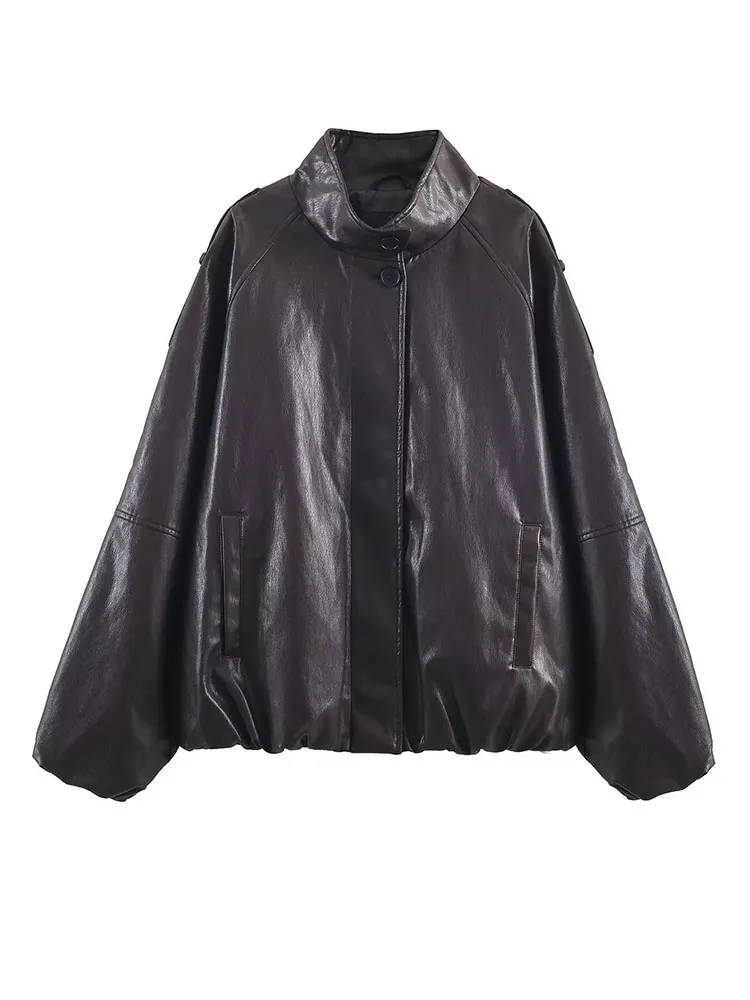 

HH Women's Winter Fashion Versatile Faux Leather Stand Collar Pockets Coat Female High Street Casual Elastic Hem Outwear Mujer