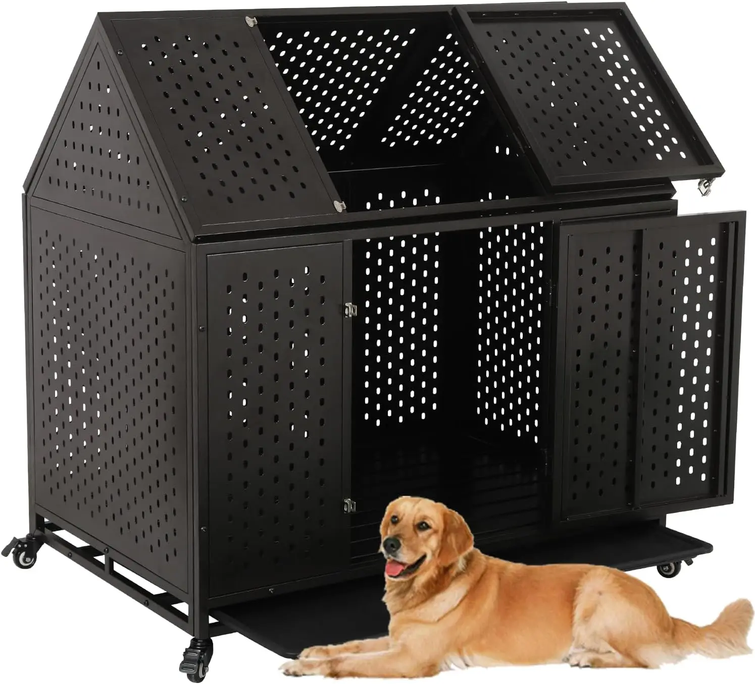 44 Inch Heavy Duty Indestructible Dog Crate With Sturdy Latches And Two Removable Trays, Extra Large Kennel With Pointed Roof,