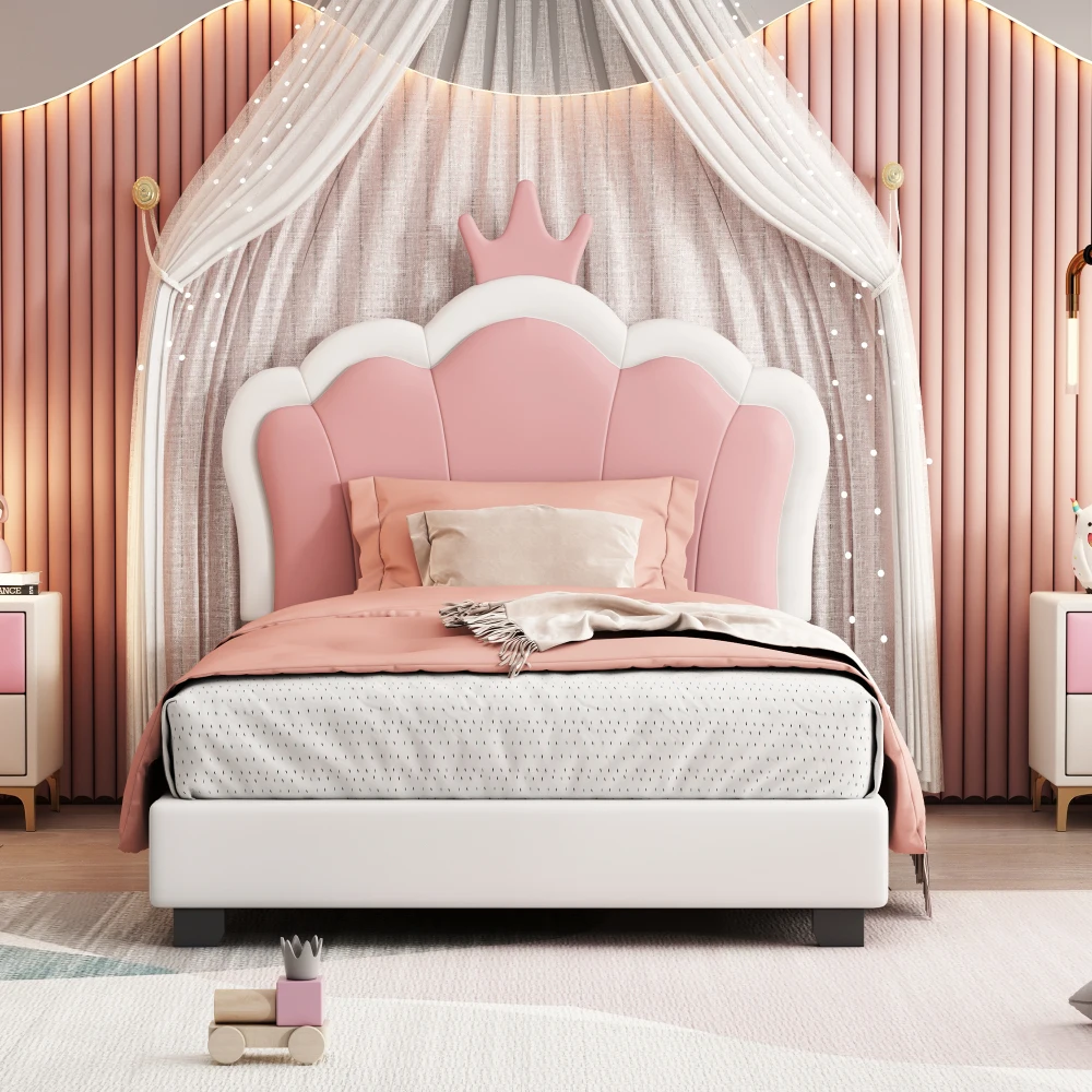 Twin size Upholstered Princess Bed With Crown Headboard,Twin Size Platform Bed with Headboard and Footboard, White+Pink