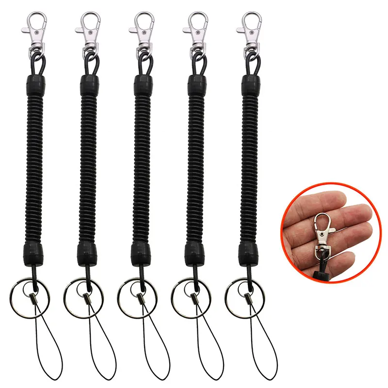 Elastic Spring Rope Key Chains, mosquetão de metal cor prata para acampamento ao ar livre, anéis telefônicos anti-perdidos