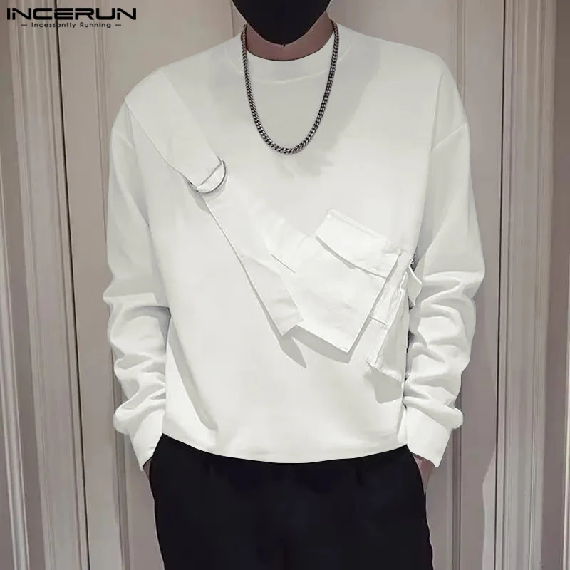 INCERUN Korean Fashion Long Sleeve T-shirts 3D Pocket Decoration Solid Color Tops Round Neck Sinple Commuting Loose Male Clothes