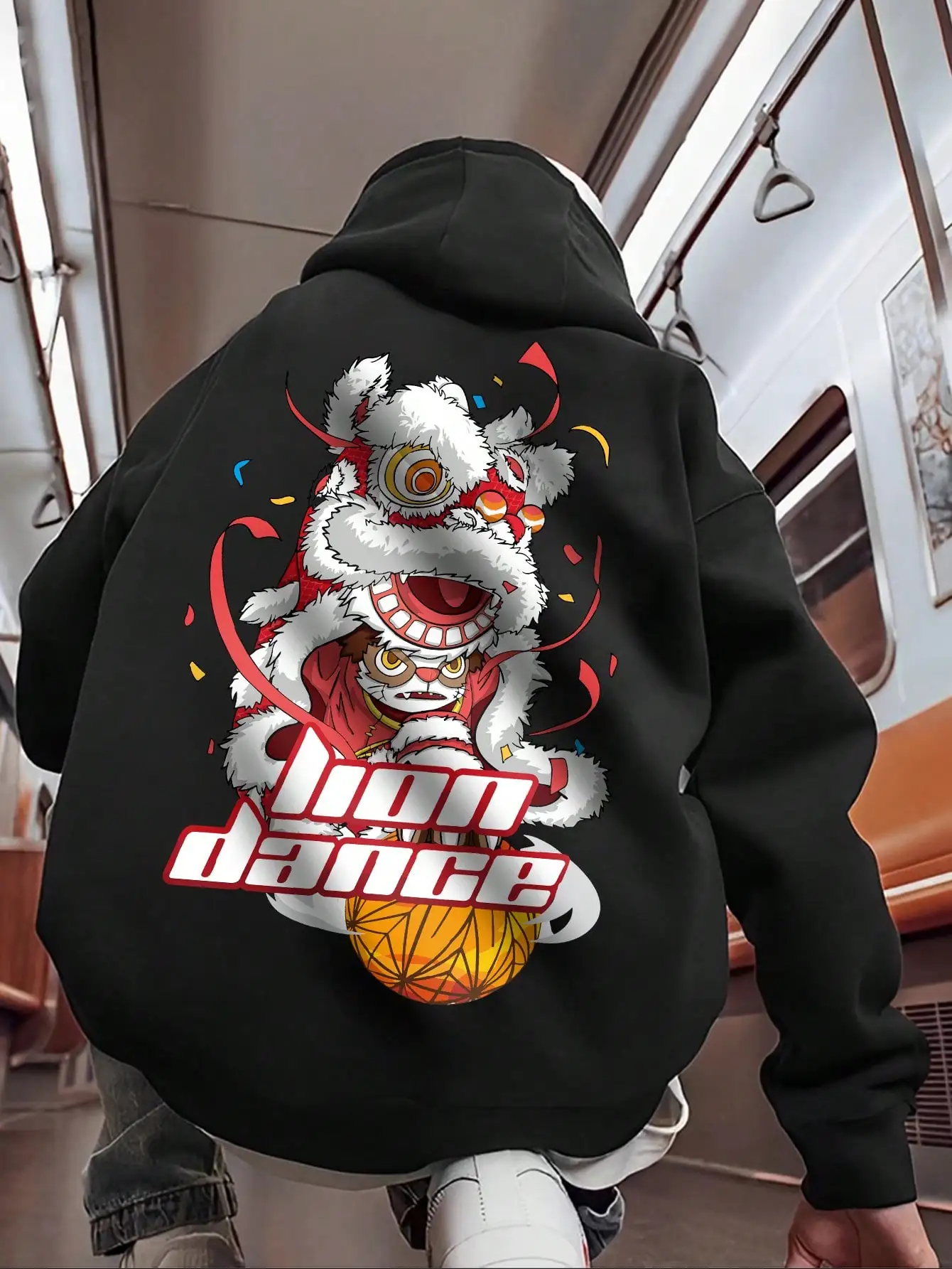 Lion Dance Cartoons Culture Design Hoodies Mens Pocket Autumn Clothes Hip Hop Crewneck Streetwear Fleece Oversized Male Hoody