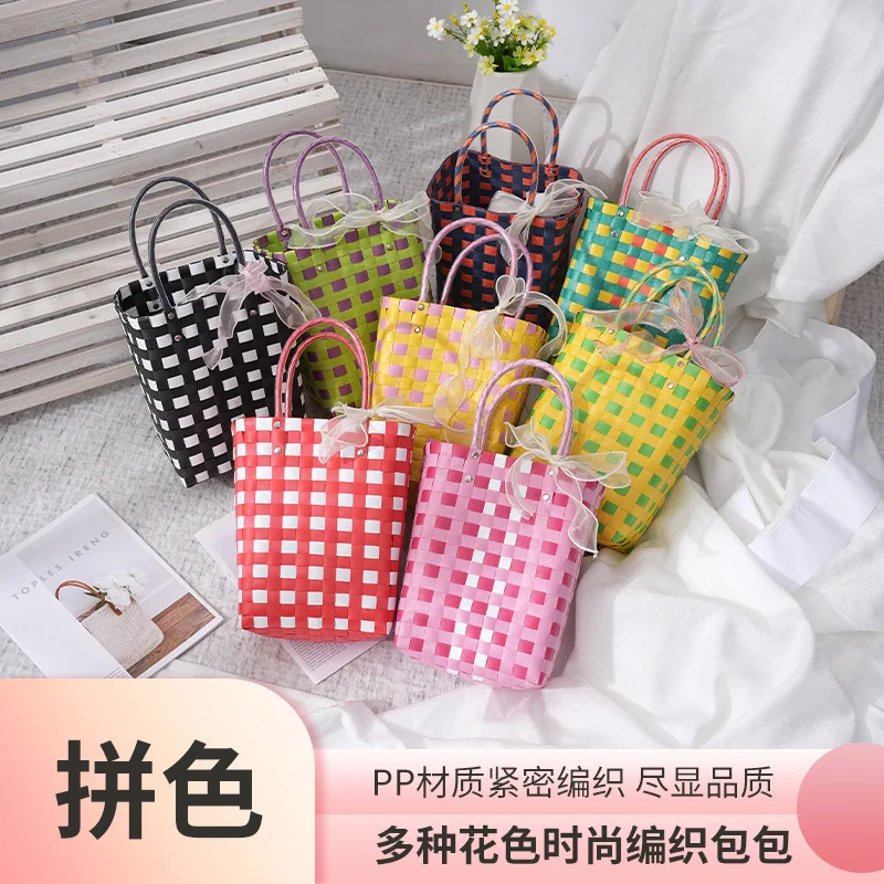 Colorful Woven Small Basket Trend Fashion Splicing Large Capacity Leisure Vacation Vertical Square Beach Bag