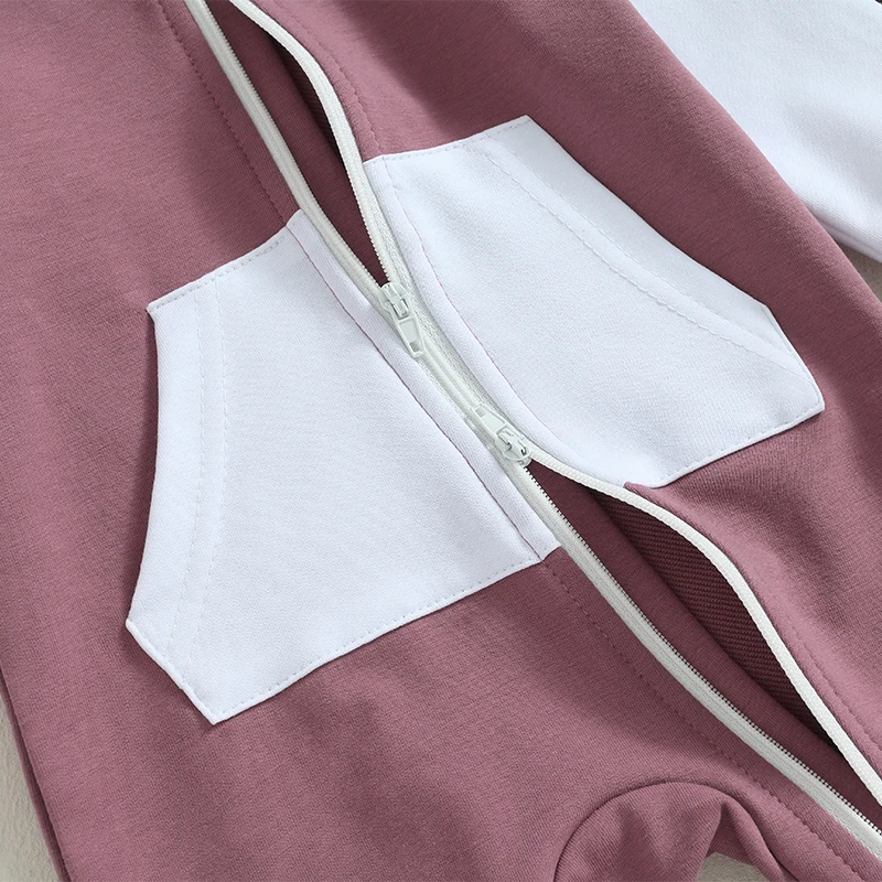 2023-07-05 Lioraitiin 0-18M Infant Baby Boy Girl Full Length Jumpsuit Contrast Color Hood Long Sleeve Romper with Zipper