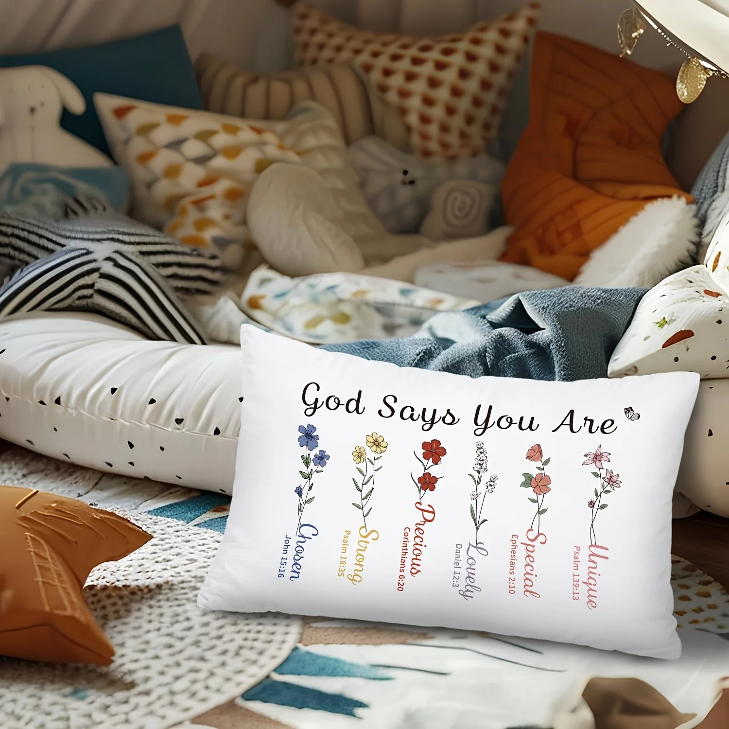1pc God Says You Are Bible Verse Flower Pillow Cover,Suitable for Sofa,Bedroom,LivingRoom,FaithDecor,Healing Gift for Christians