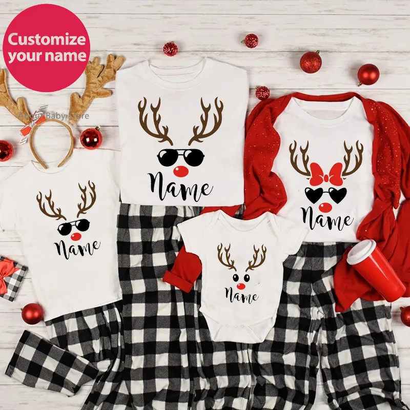 Reindeer Christmas Shirts Custom Name Family Matching Christmas T-Shirt Personalized Holiday Xmas New Year\'s Family Look Outfits