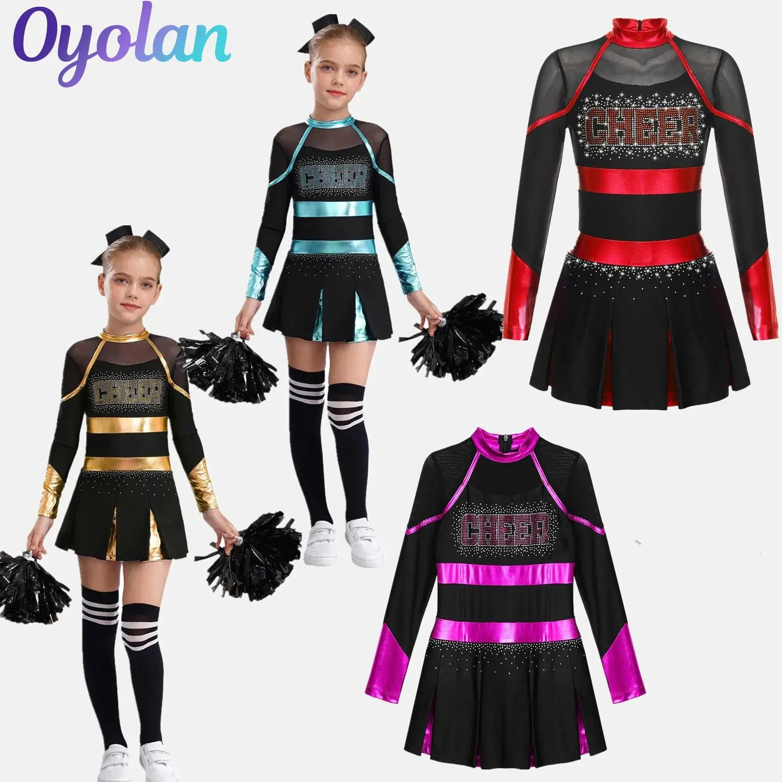 

Kids Girls Cheerleading Uniform Cheerleader Cheer Dance Costume Glittery Rhinestone Letter Pattern Metallic Pleated Ballet Dress