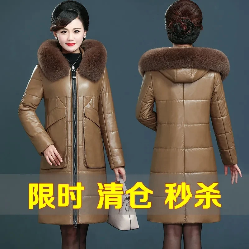 

Noble Purple Leather Women's Mid-Length Thickening Outwear Mothers Sheepskin Winter Coat Female Large Fur Collar Hood OutCoat