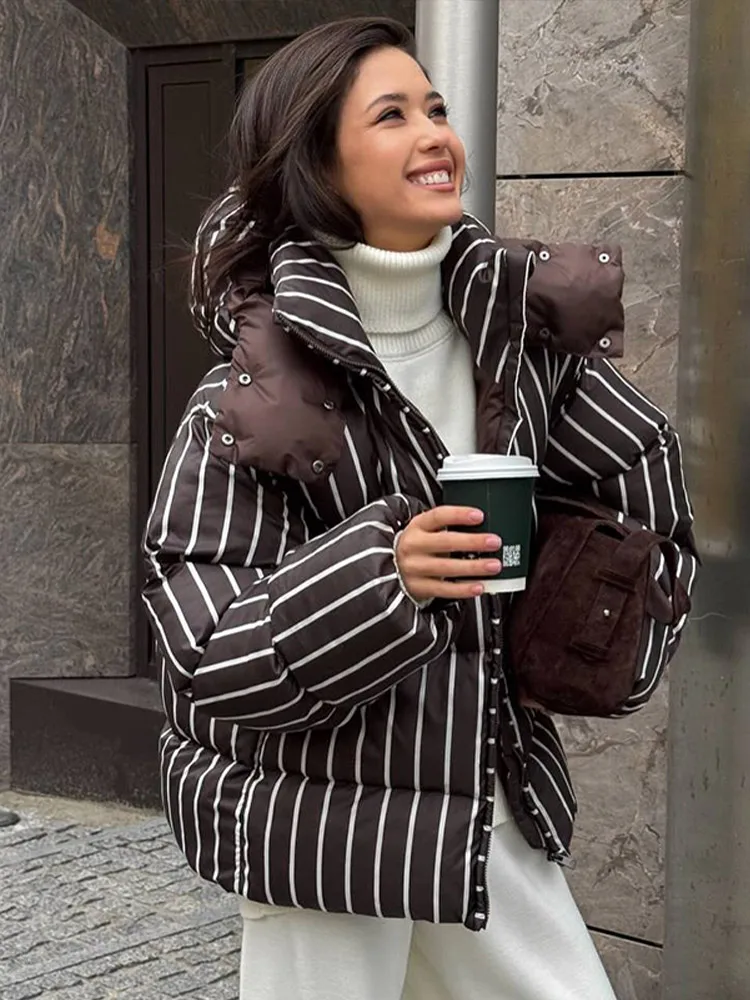 Striped Hooded Cotton Jacket Women Fashion Stand Collar Full Sleeve Zipper Pocket Warm Jackets Lady Winter Daily Street Coats 5 Striped Hooded Cotton Jacket Women Fashion Stand Collar Full Sleeve Zipper Pocket Warm Jackets Lady Winter Daily Street Coats 5