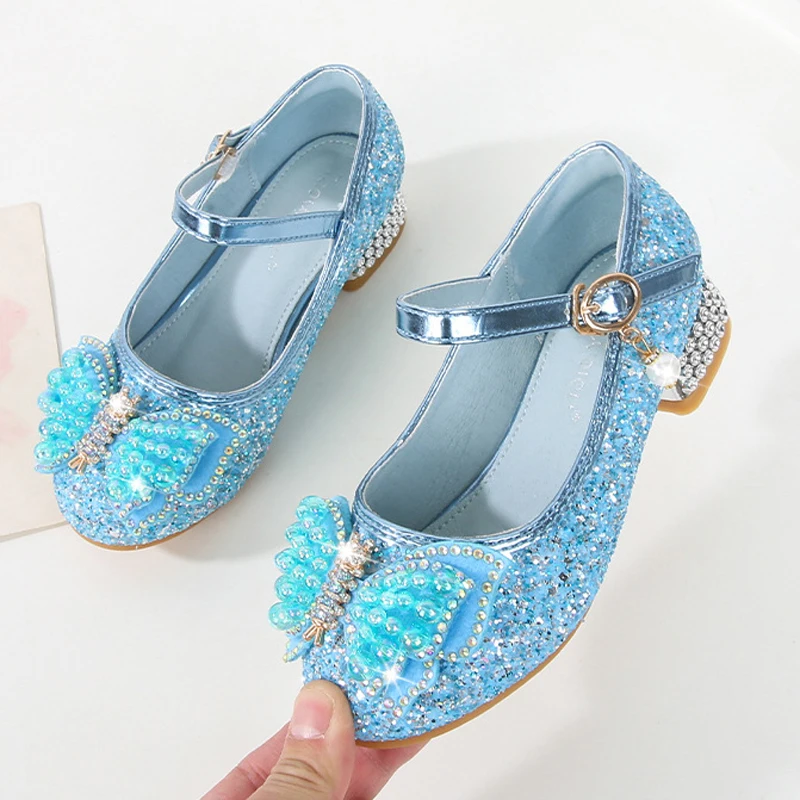 Zapatos de tacón alto para niñas, sandalias de fiesta de cumpleaños, Cosplay de Navidad, princesa Elsa, Frozen brillante