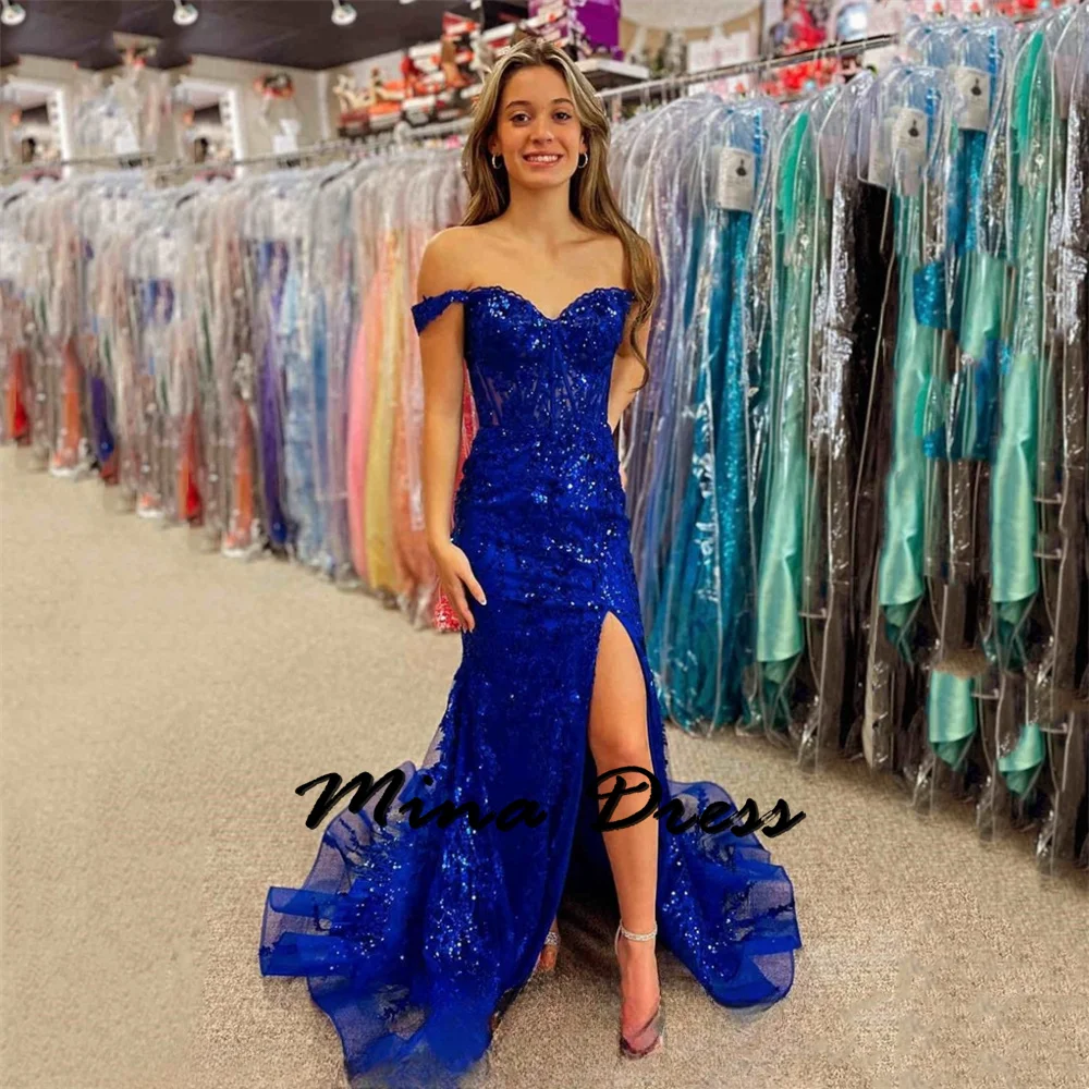 

Mina-2024Deep Blue Prom Dress Sweetheart Collar Sleeveless Sparkling Sequins Elegant Long Tailed Graduation Prom Dress