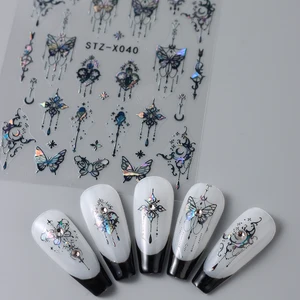 Nhãn dán móng tay Laser cho móng tay, trang trí nghệ thuật móng tay Y2K, đường kim loại trừu tượng, hoa ren bronzing, đen và trắng 10 Doanh số nhãn dán kim loại chính - 5