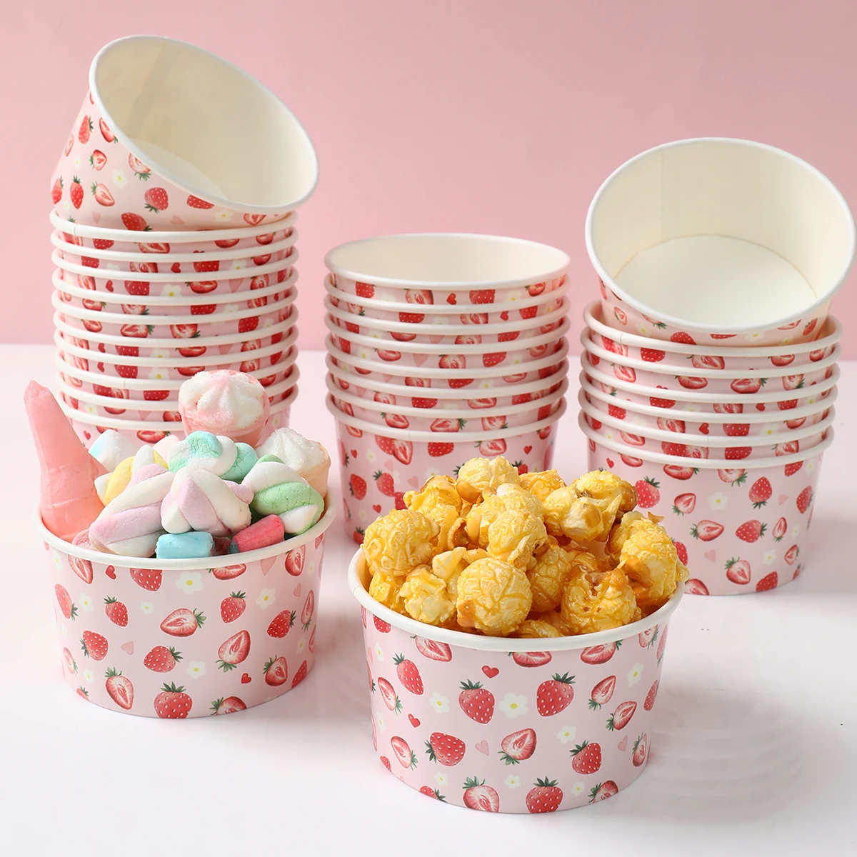 Summer Fruit Style Disposable Paper Bowl Pink Strawberry Birthday Party Tableware Ice Cream Snack Treat Bowl Decor Baby Shower ﻿