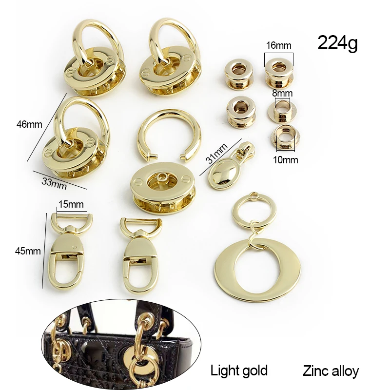 1/3/5Sets Light gold Metal Decorative Locks For Handbag Bags Tote Eyelets Swivel Snap Hook Hanger Connector Buckles Accessories