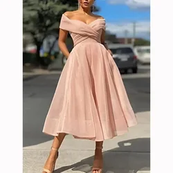 CustomizedSexy Boat Neck Formal Organza Evening Dress Elegant Solid Color Prom Party Ball Gown Slim Waist Tea-length Vestidos Fi