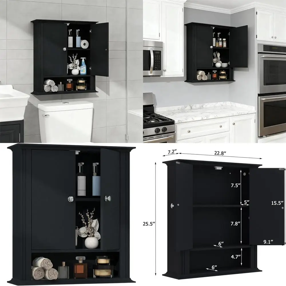 

Wall-Mounted Toilet Storage Cabinet with 2 Doors and Adjustable Shelf, Suitable for Bathroom, Kitchen, and Laundry Room, Black