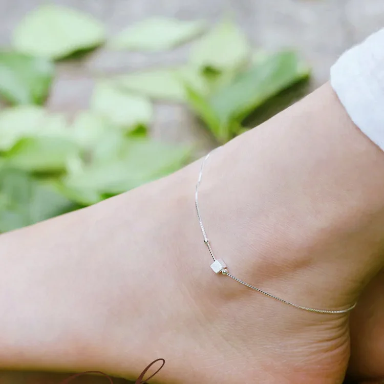 

New Fashion Foot Anklet 925 Sterling Ladies Silver Anklets Chain For Women Square Pendant Foot Pulseras Jewelry