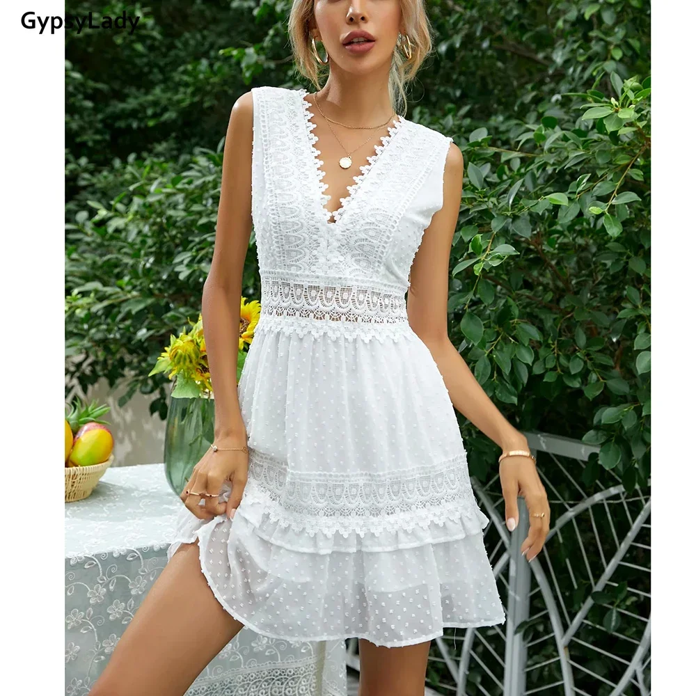 GypsyLady White Lace Summer Mini Dress Sexy V-neck Backless Women Dress Sleeveless Ruffles Chic Crochet Ladies Holiday Dress