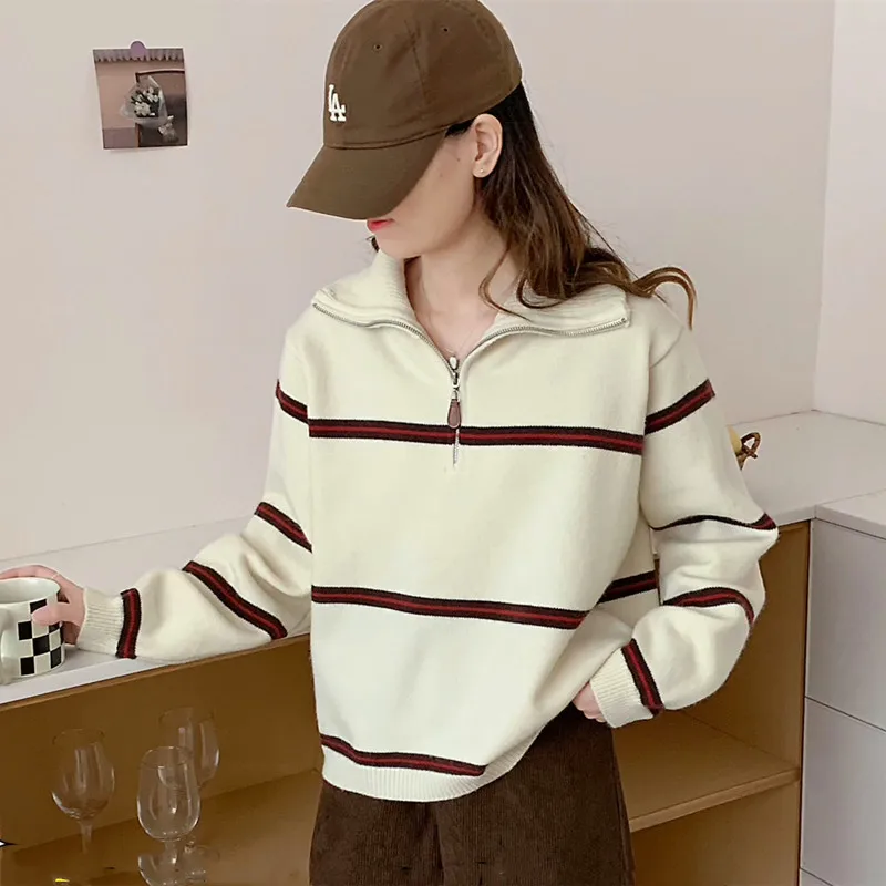 

Loose Fit Ne Knitted Sweater Women's Zipper Color Blo Striped Long Sve Casual Sle Autumn Winter Faion Top