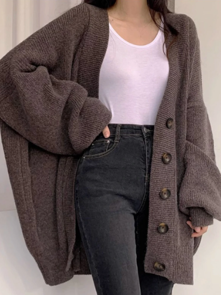 Cárdigan holgado para Mujer, prendas de vestir de punto cálidas con cuello en V, ropa informal de calle alta, ropa de moda coreana de temperamento suave para Mujer