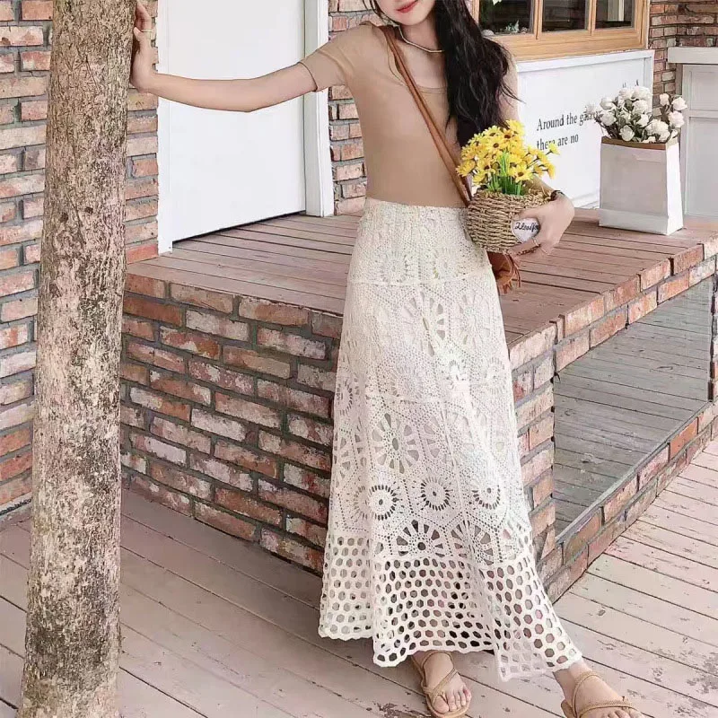 Boring Honey National Style Hollow Out Crocheted Knit Skirt Bohemian Holiday Style Drape Big Swing A-Line Skirt Beach Dress Wome