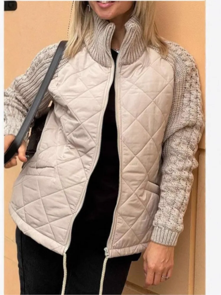 

Autumn Winter Jacket For Women New Fashion Stand Collar Knitted Splicing Jacket Causal Long Sleeve Warm Coat Patchwork Outerwear