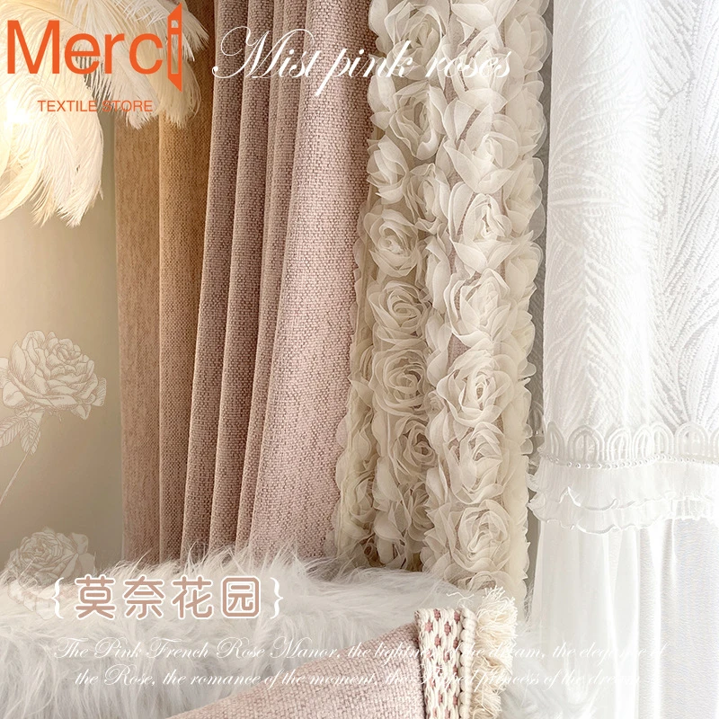 

Monet Rose Mist Pink French Curtains for Living Dining Room Bedroom Princess Style Lace Romantic Beautiful Curtain Custom