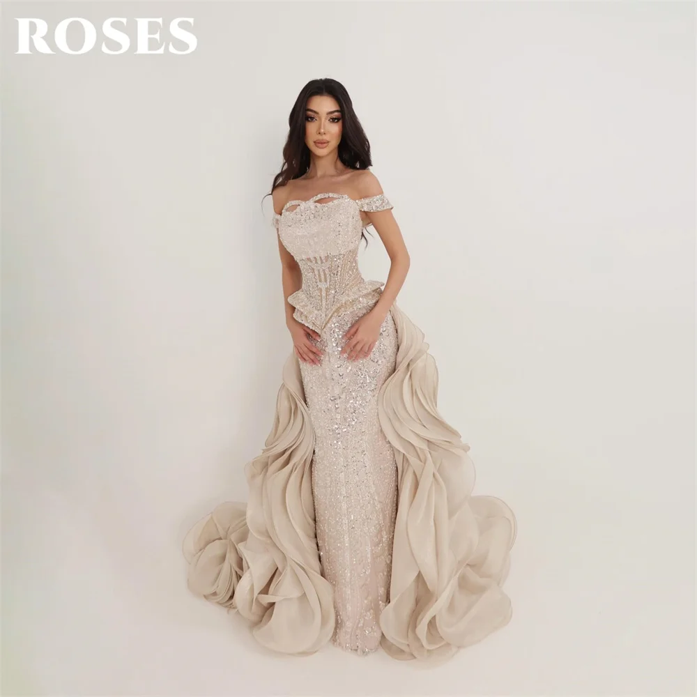 ROSES Champagne Sequin Party Dress Off Shoulder Evening Dress with Train Cut Out فساتين السهرة Trumpet Customized