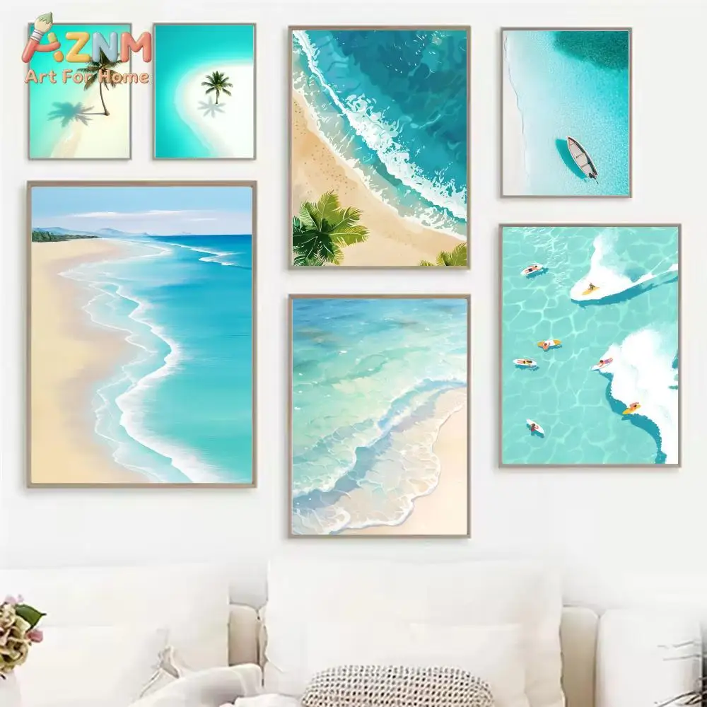 AZNM Tropical Beach Ocean Canvas Wall Art Summer Turquoise Sea Palm Tree Swim Ring Landscape Art Print Coastal Home Decor Poster