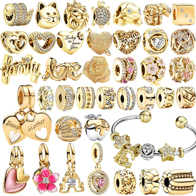 New Original Golden Mother Daughter Detachable Double Heart Pendant Clip Charms Beads DIY Women Jewelry Gift Beads Fit Bracelets