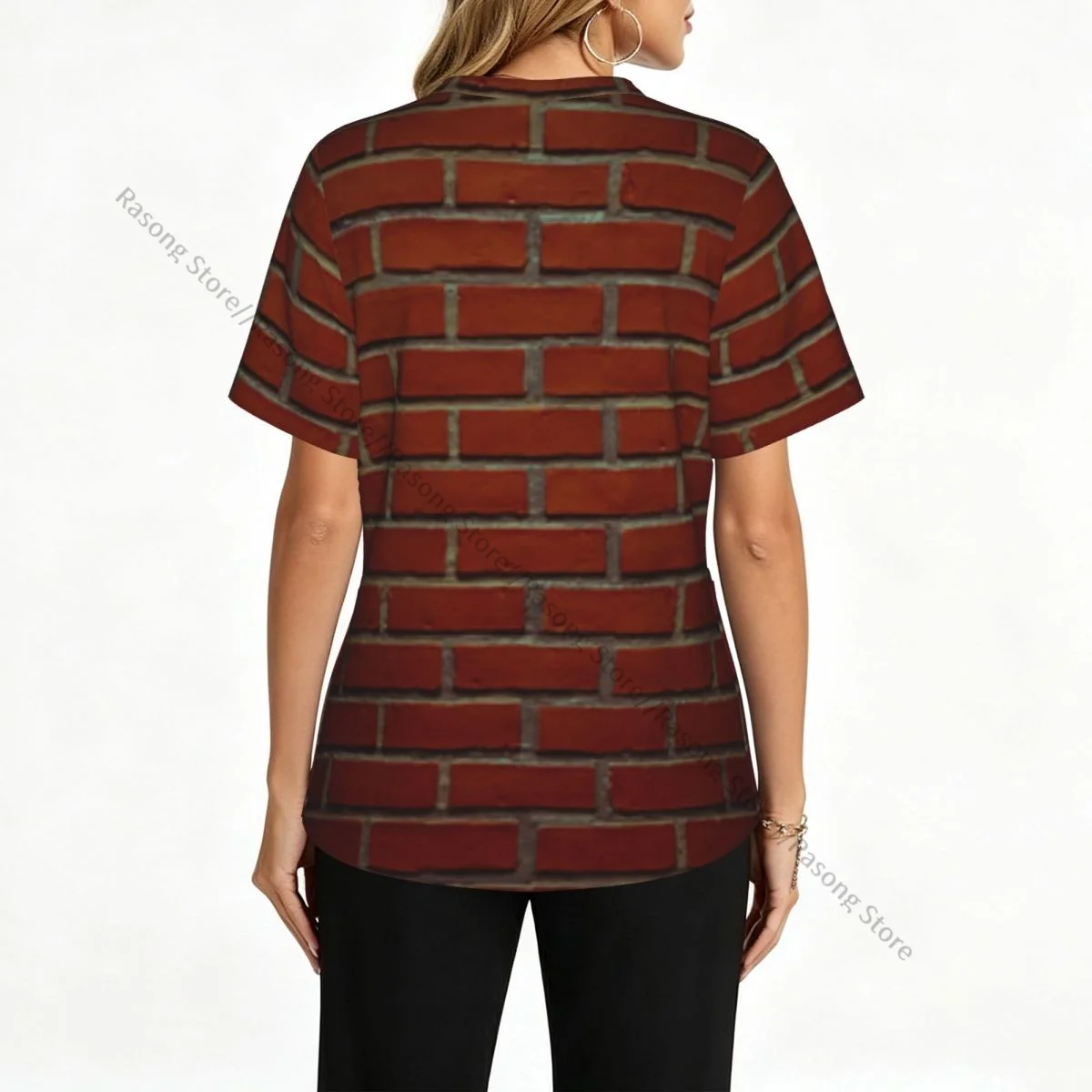 Red Brick Wall Scrubs Medical Uniforms Women V Neck Short Sleeve Tunic Scrubs Tops Nursing Surgical Uniforms