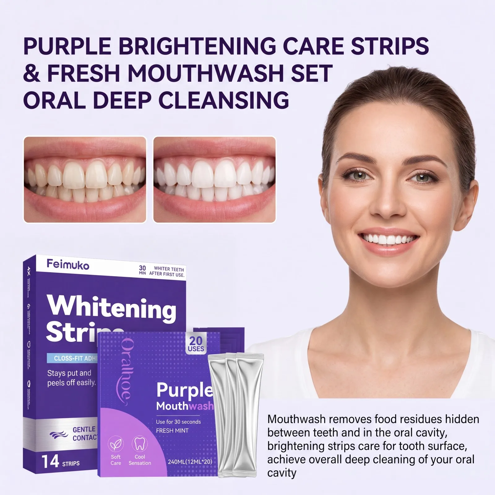 Purple Whitening Strips & Fresh Mouthwash Set Oral Care Brightening Breath Freshening Mint Gentle Daily Oral Care