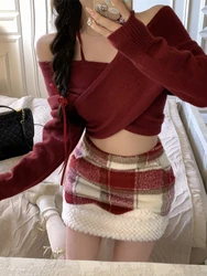 Red Christmas Elegant New 2 Piece Set Women Off Shoulder Sexy Vintage Mini Skirt Suits Female Korean Fashion Casual Clothes 2024