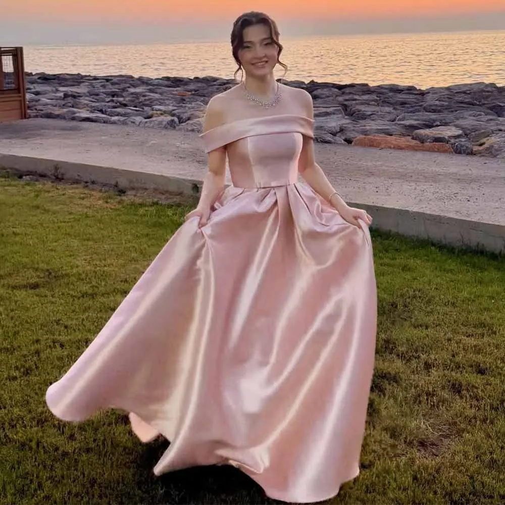 

Sweetly Birthday Party Dresses Satin A-line Homecoming Dress Pink Off-the-shoulder Ruched Prom Dresses for Ladies Long 2025